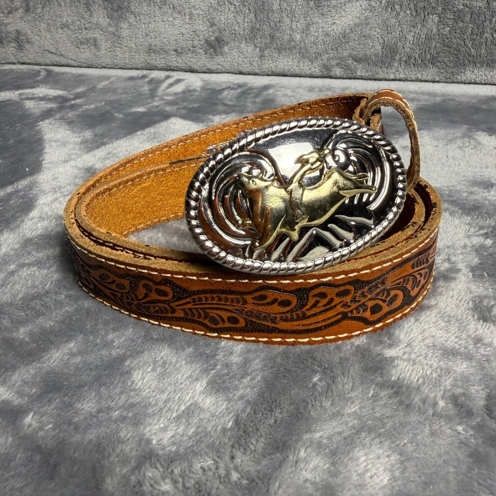 Nocona Belt Co Mens SZ 28 Brown Leather Western Tooled Bull Rider Trophy Buckle